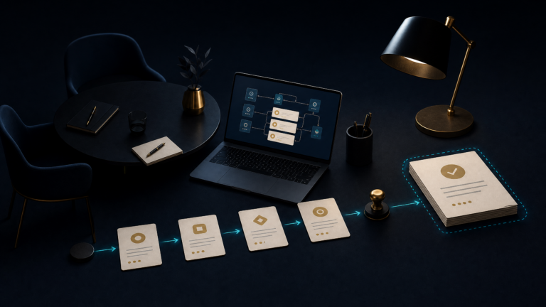 Prozessaufnahme mit Dokumenten, Workflow und Freigabe als abstrakte Dark-B2B-Illustration