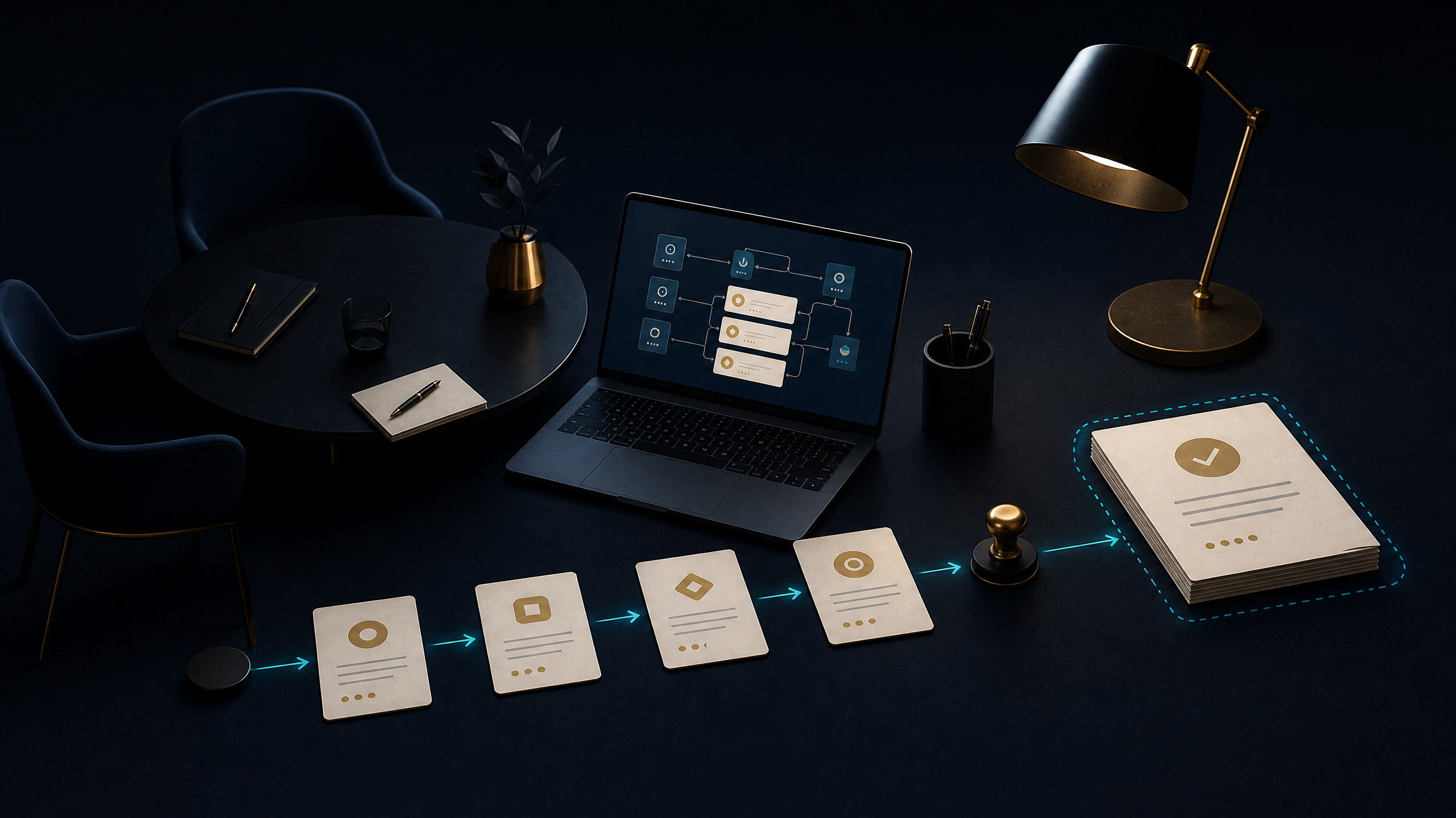 Prozessaufnahme mit Dokumenten, Workflow und Freigabe als abstrakte Dark-B2B-Illustration