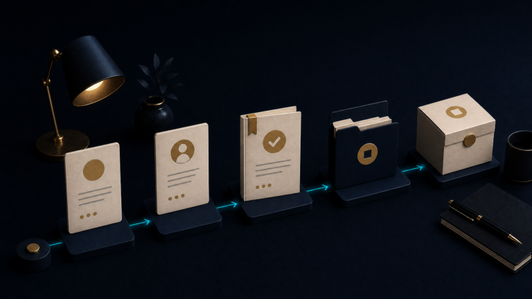 Kunden-Onboarding mit Anfrage, Kontaktkarte, Übergabedokumenten und Projektstart als abstrakte Dark-B2B-Illustration