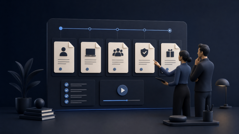 Abstraktes Onboarding-Board mit SOPs, Checkliste und Video für die Einarbeitung neuer Mitarbeiter