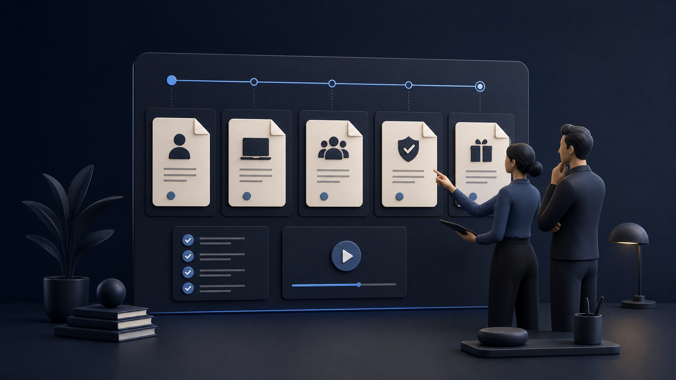 Abstraktes Onboarding-Board mit SOPs, Checkliste und Video für die Einarbeitung neuer Mitarbeiter